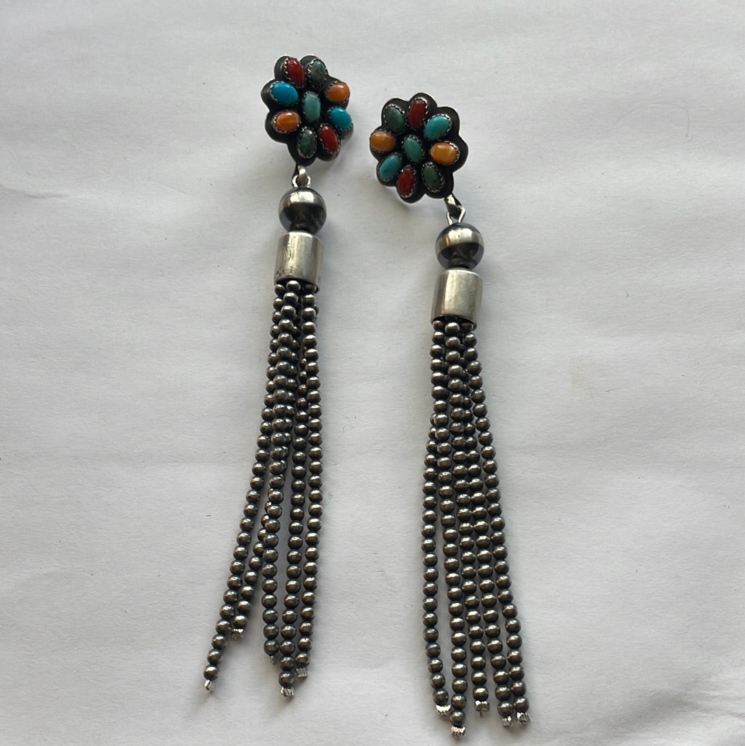 Handcrafted Sterling Silver Tassel Multi Stone Flower Dangle Earrings Signed