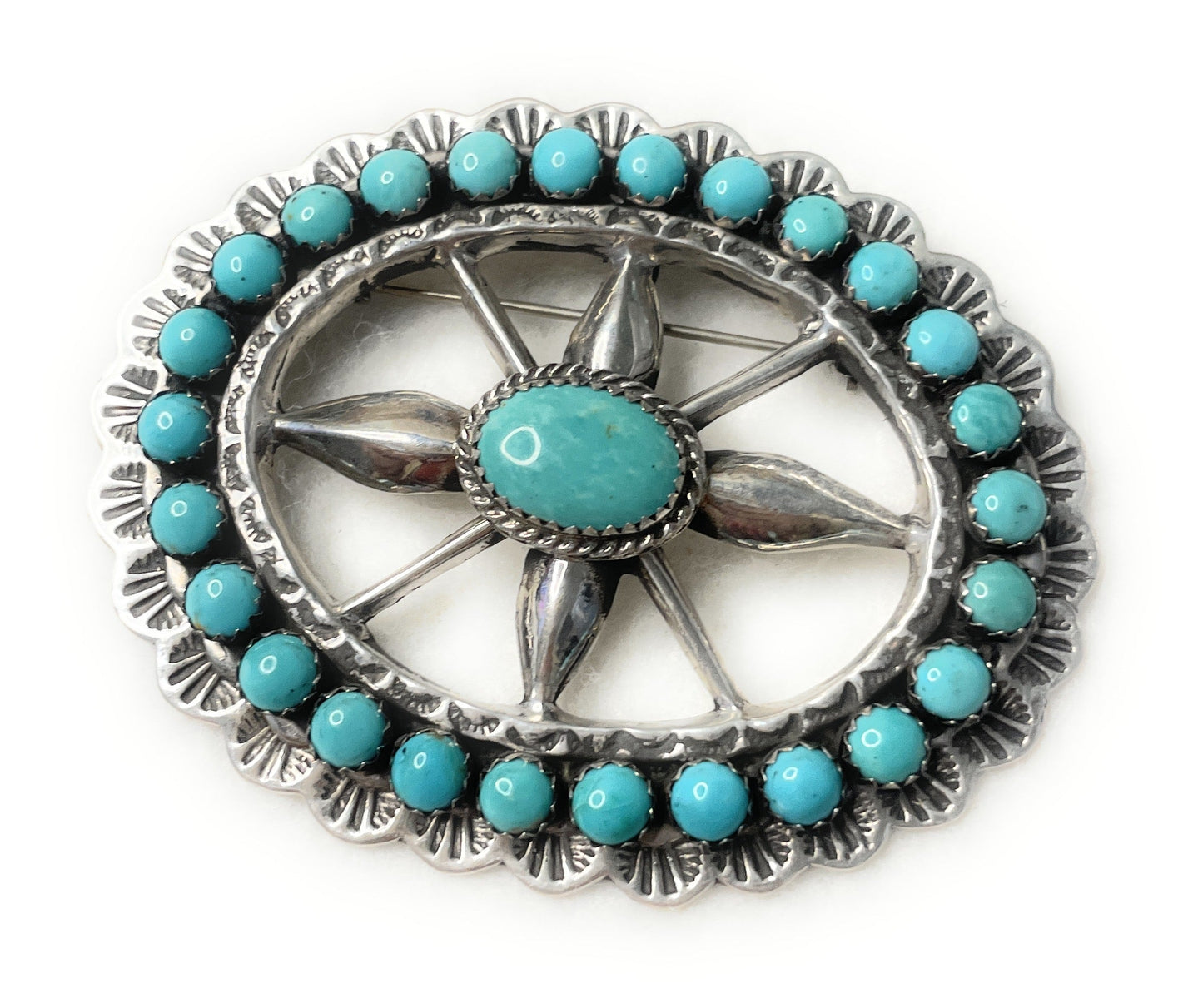 Handcrafted Turquoise And Sterling Silver Pendant Pin Signed
