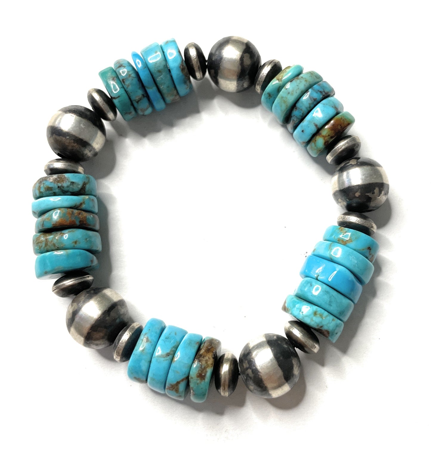 Handcrafted Sterling Silver Stretchy Natural #8 Turquoise Beaded Bracelet 10mm pearl