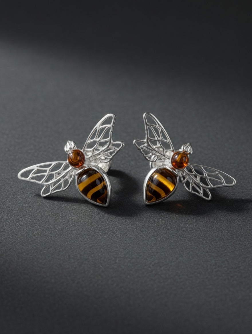 Handmade Sterling Silver Bumblebee Earrings with Honey Cognac Cabochons – Brown & Golden Inlay