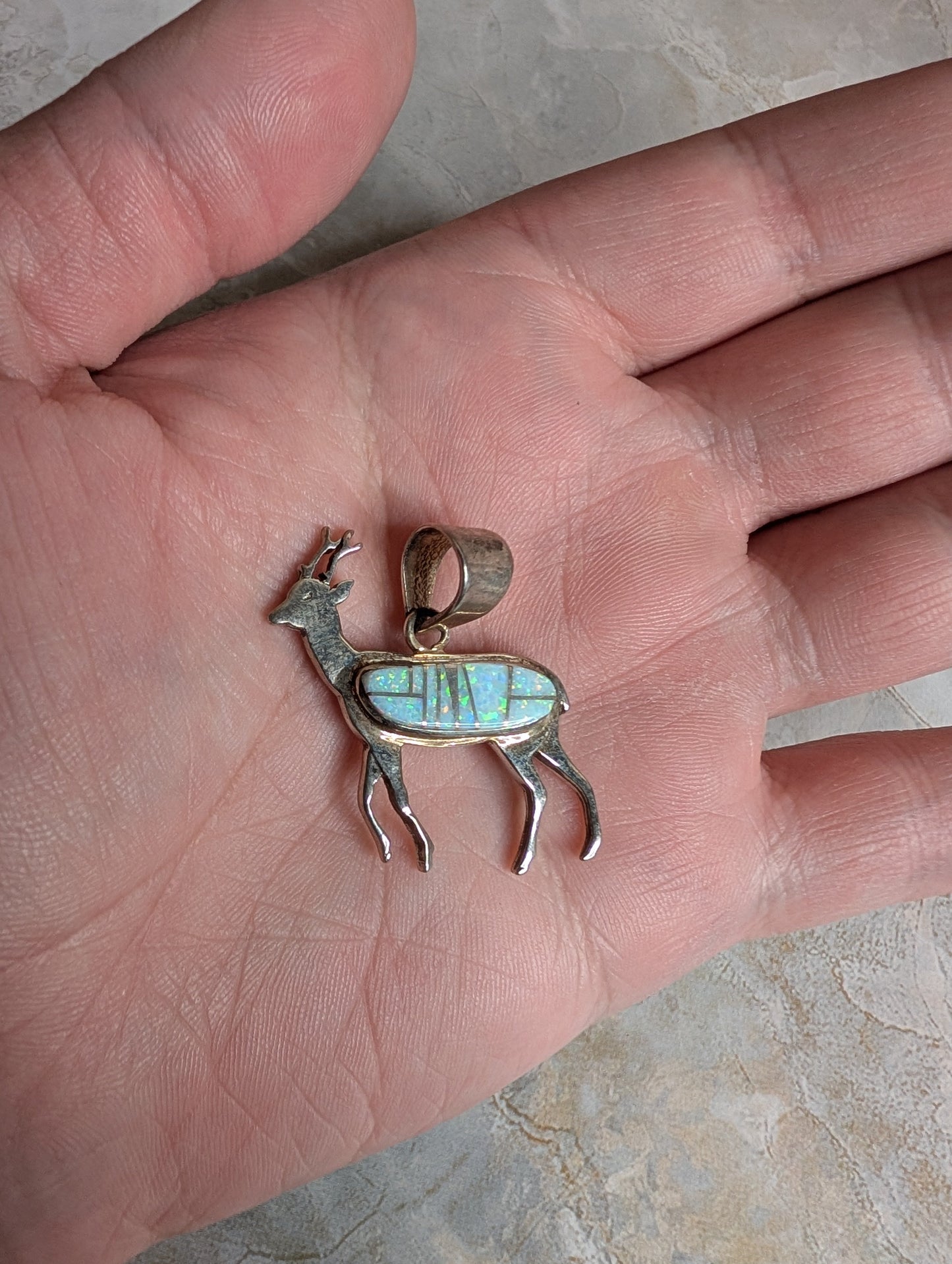 Handcrafted Fire White Opal Sterling Silver Deer Pendant
