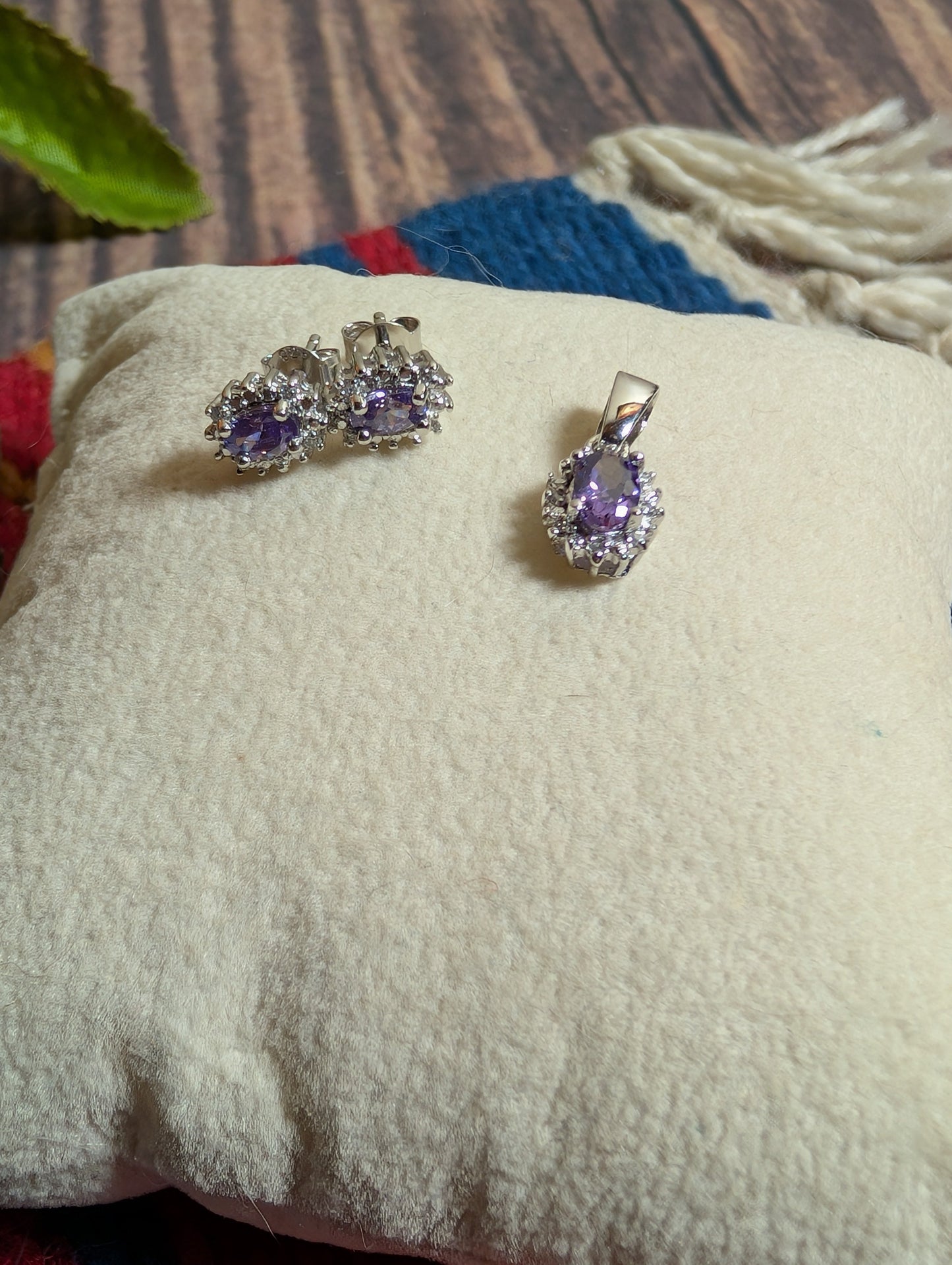 Amethyst Gemstone CZ Sterling Silver Pendant & Earrings Jewelry Set