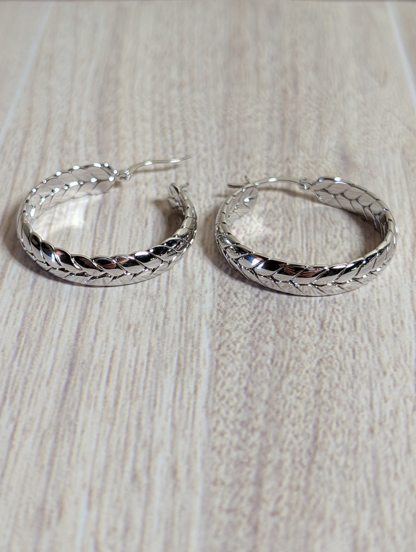 Double Row Herringbone Hoop Earrings Textured Silver Plated