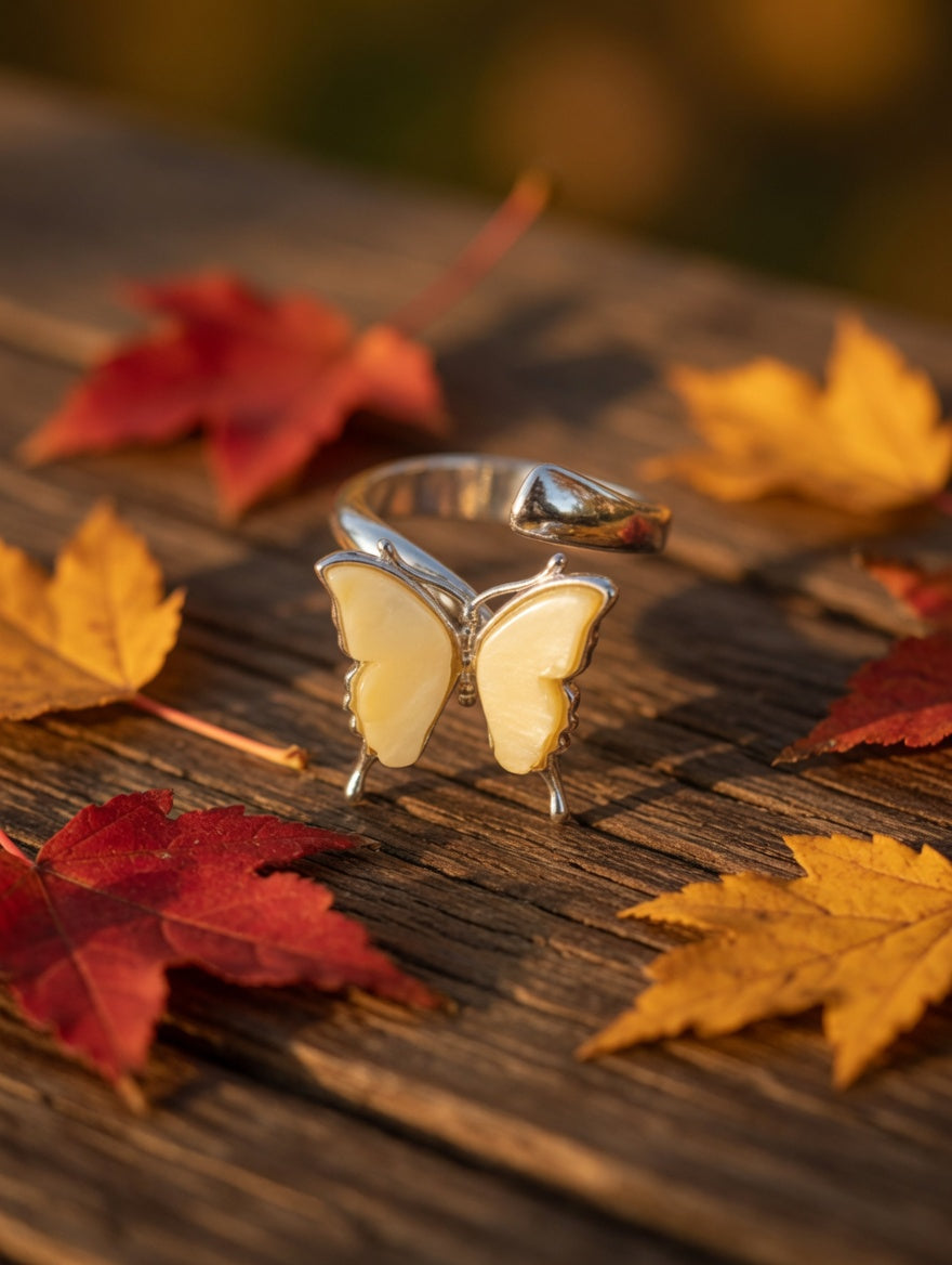 Butterfly Ring Yellow Amber Handmade Sterling Silver Adjustable