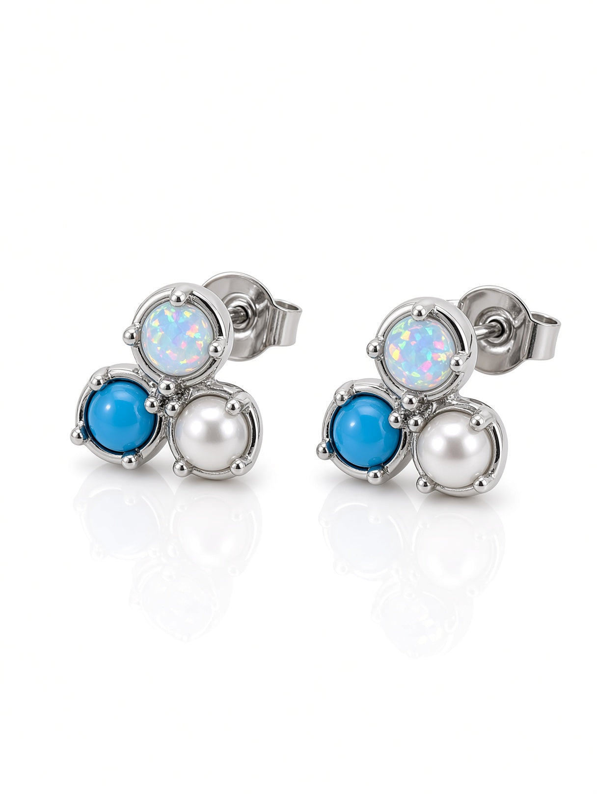 Bermuda Earrings Triple Stud With Opal, Pearls, & Turquoise On Sterling Silver