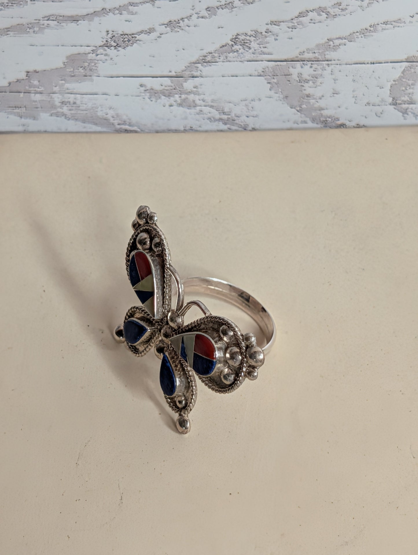 Handcrafted Lapis & Red Coral MultiStone Butterfly Shaped Sterling Silver Ring Size 7