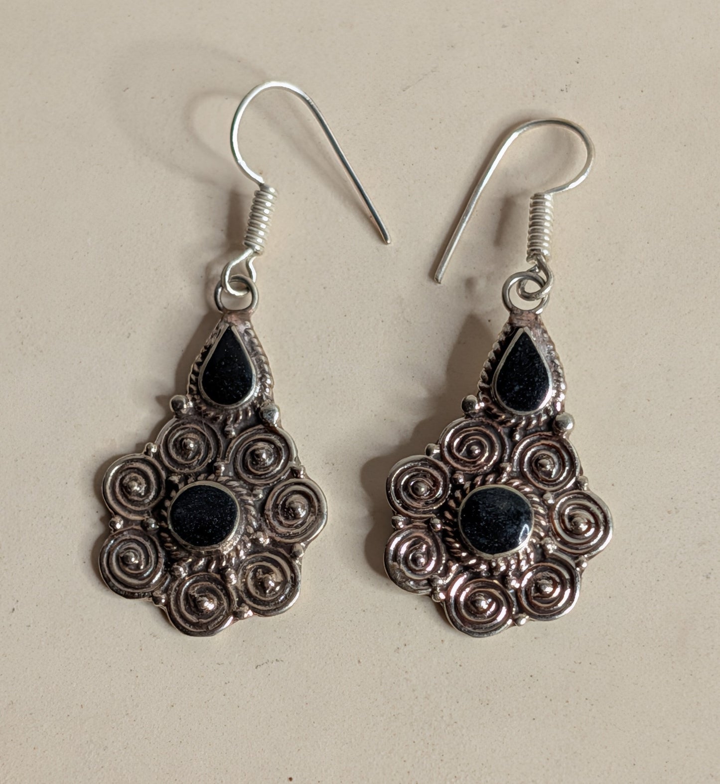 Black Onyx Two-Stone Filigree Dangle Earrings