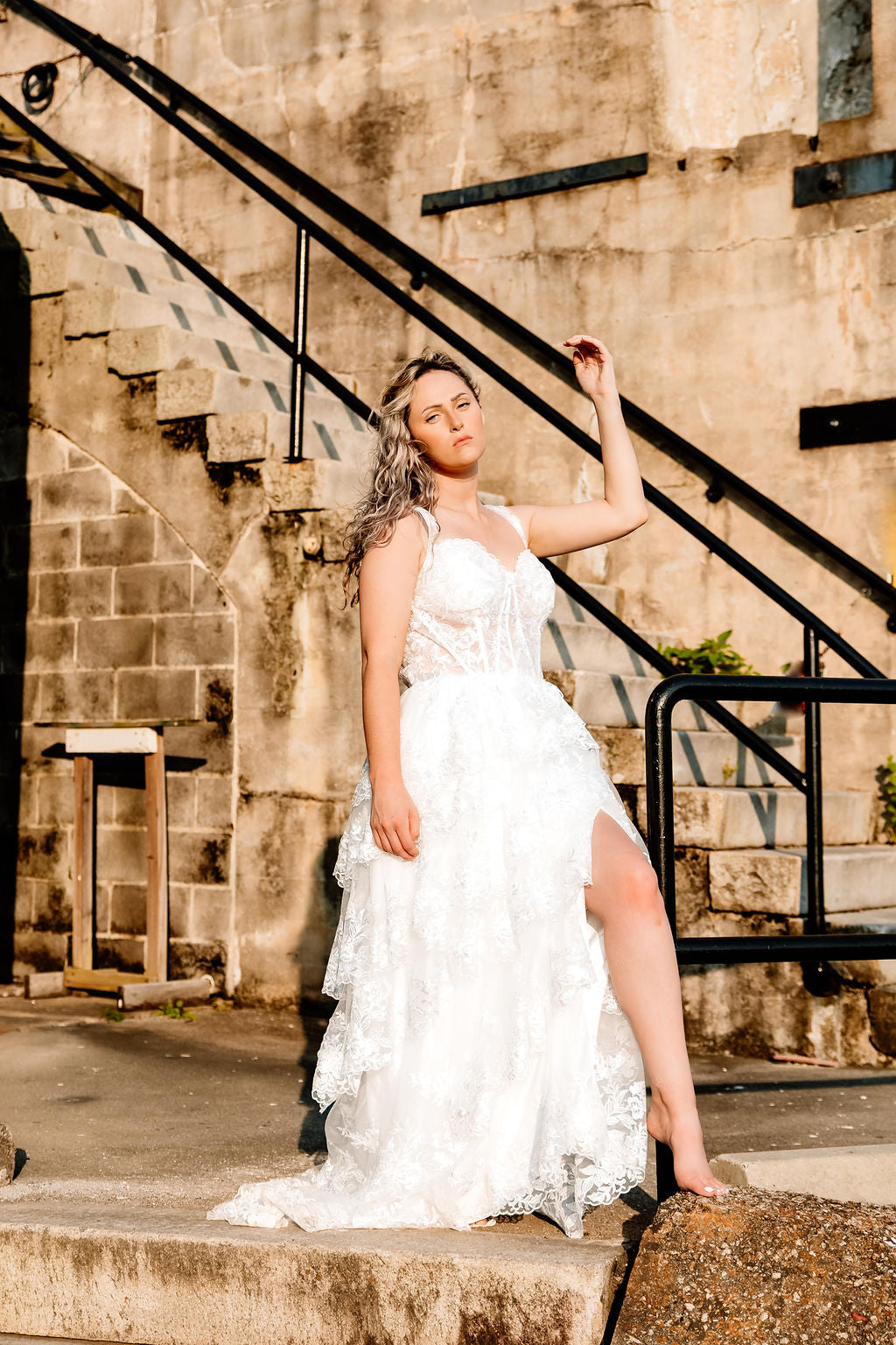 The Harlow Gown – Romantic Tiered Lace Wedding Dress with High-Low Skirt