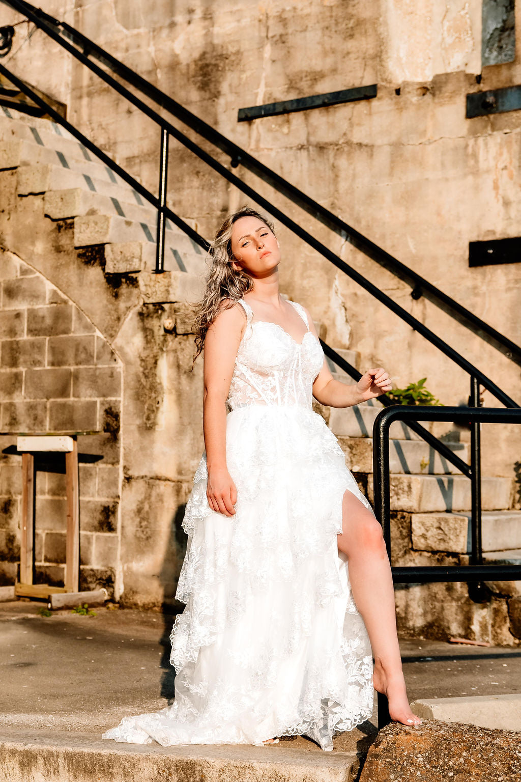 The Harlow Gown – Romantic Tiered Lace Wedding Dress with High-Low Skirt