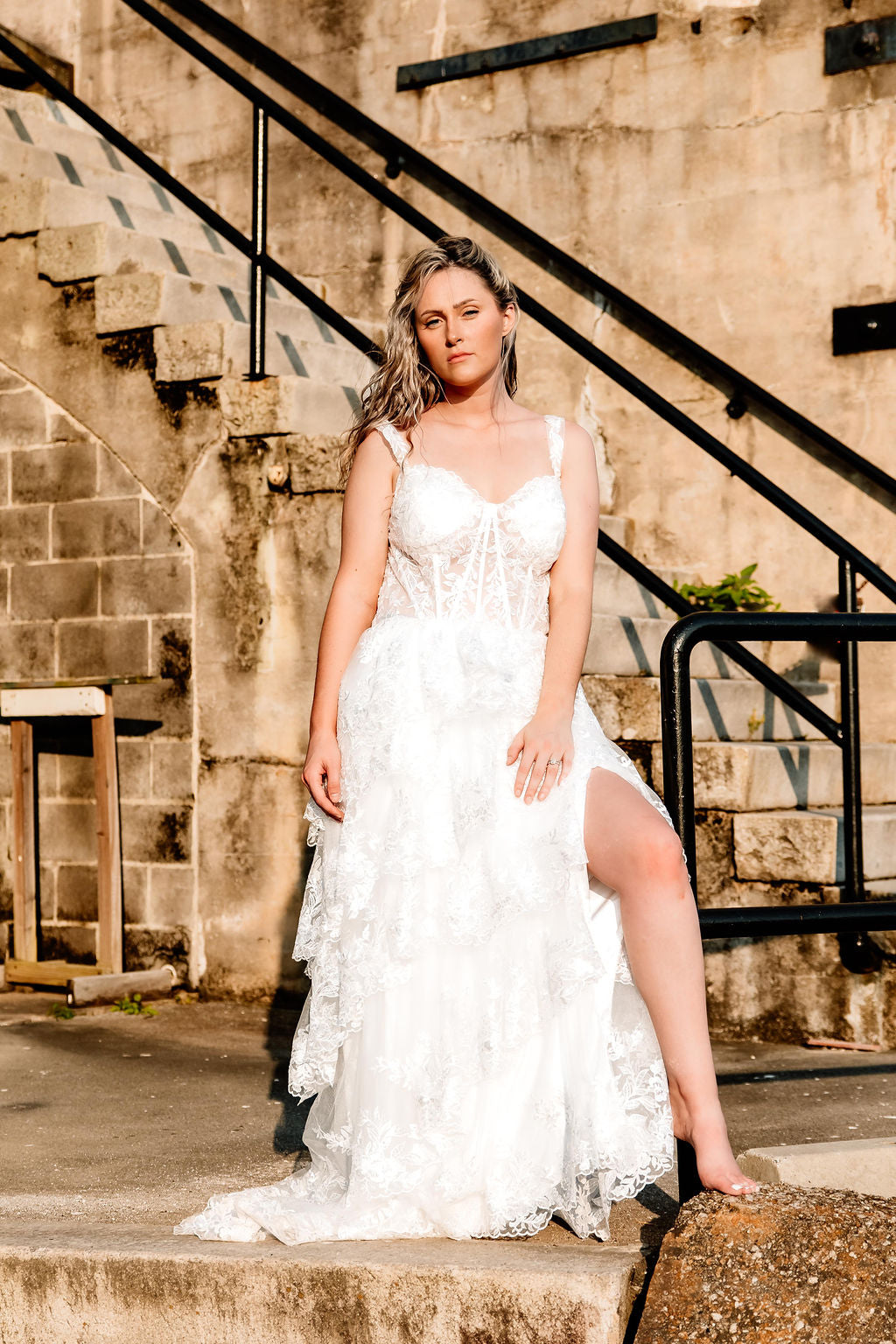 The Harlow Gown – Romantic Tiered Lace Wedding Dress with High-Low Skirt