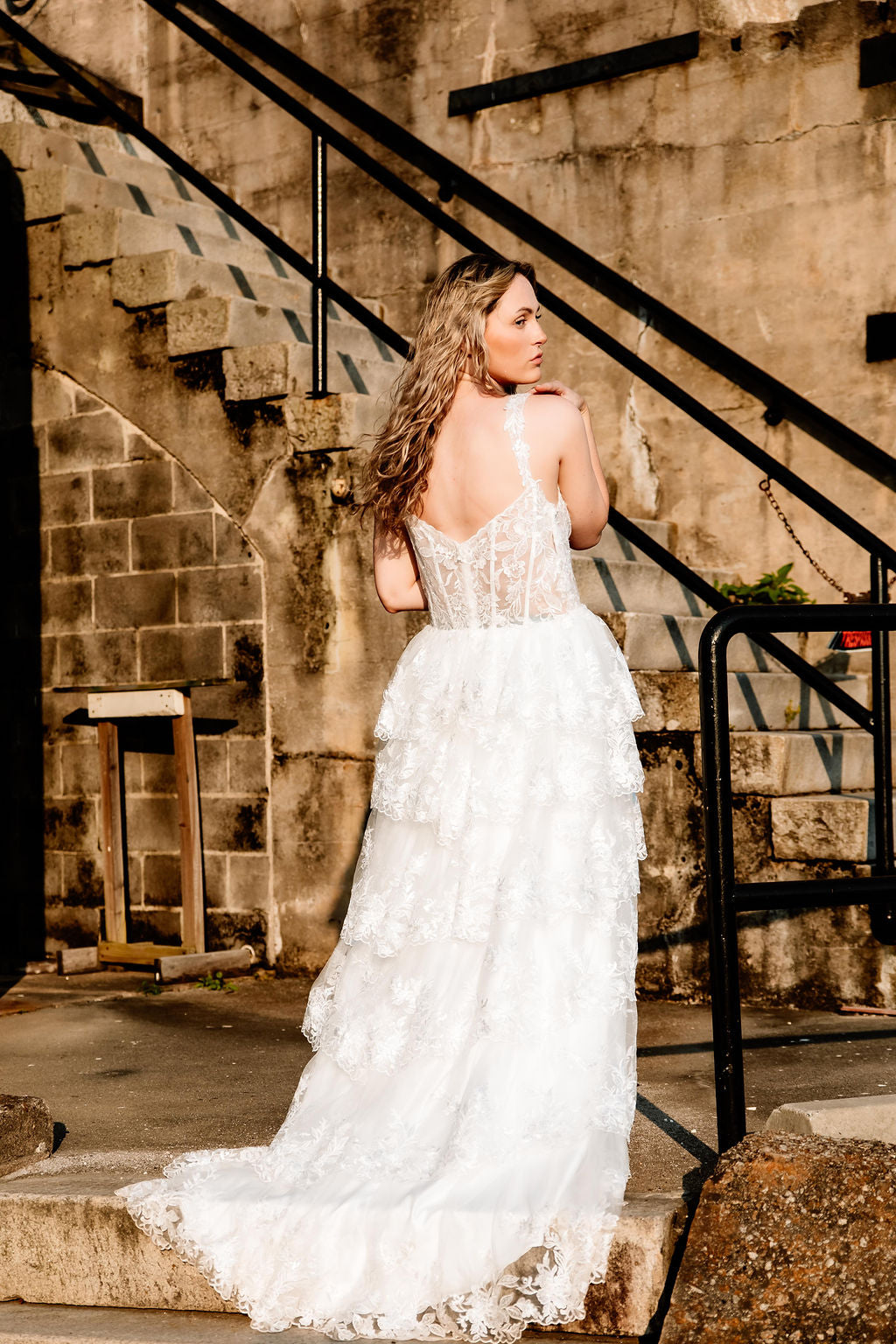 The Harlow Gown – Romantic Tiered Lace Wedding Dress with High-Low Skirt