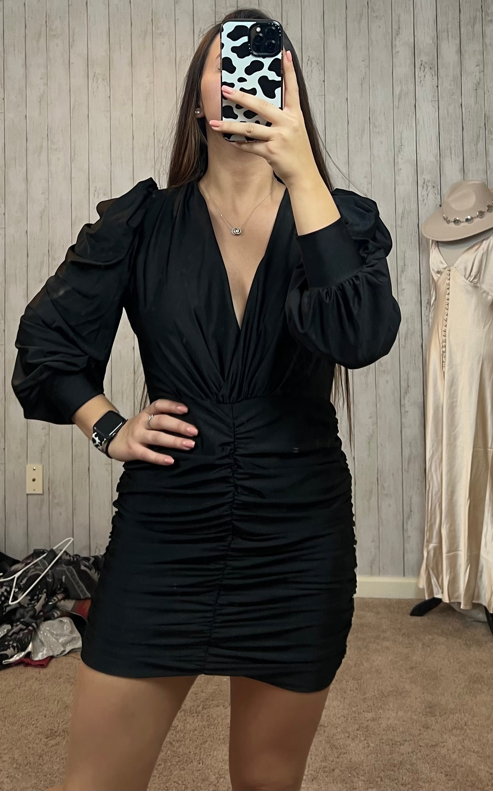 Low cut short black dress on sale