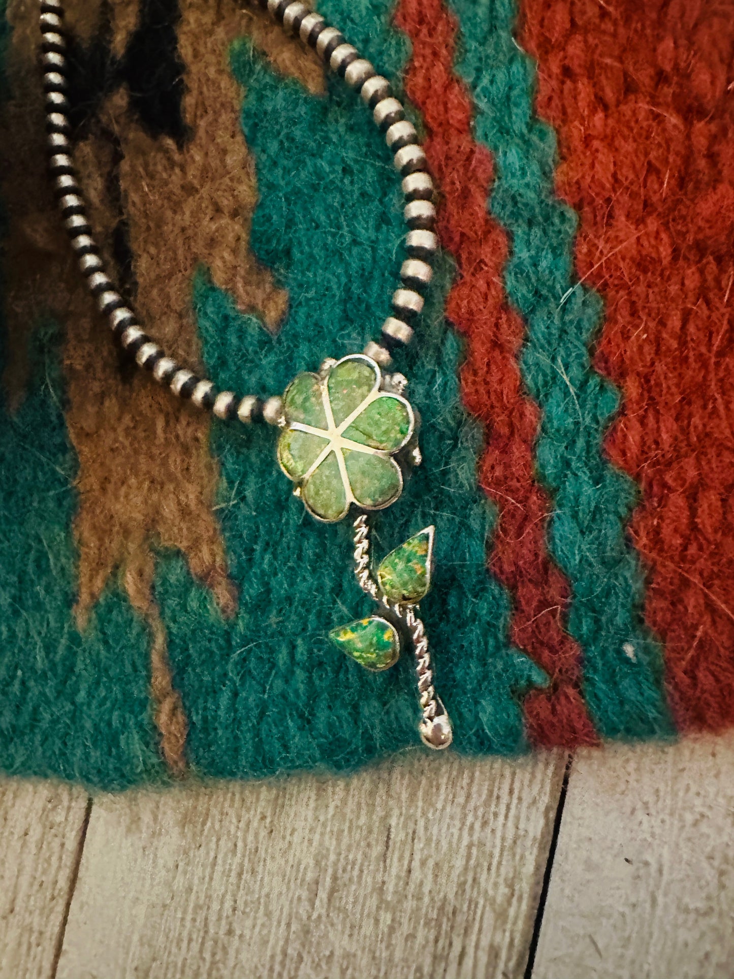 Handcrafted Green Opal & Sterling Silver Inlay Flower Pendant