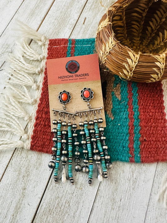 Handcrafted Turquoise, Coral  & Sterling Silver Pearl Beaded Tassel Dangle Earrings