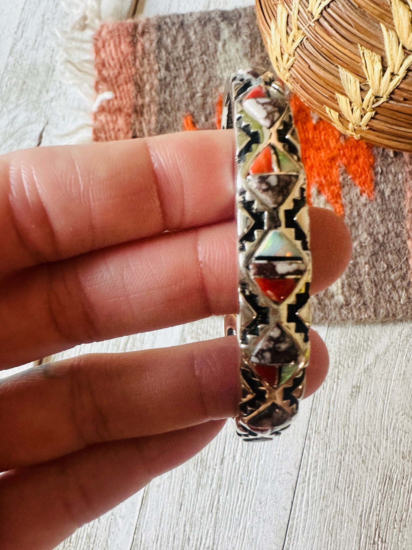 Handcrafted Multi Stone & Sterling Silver Inlay Cuff Bracelet