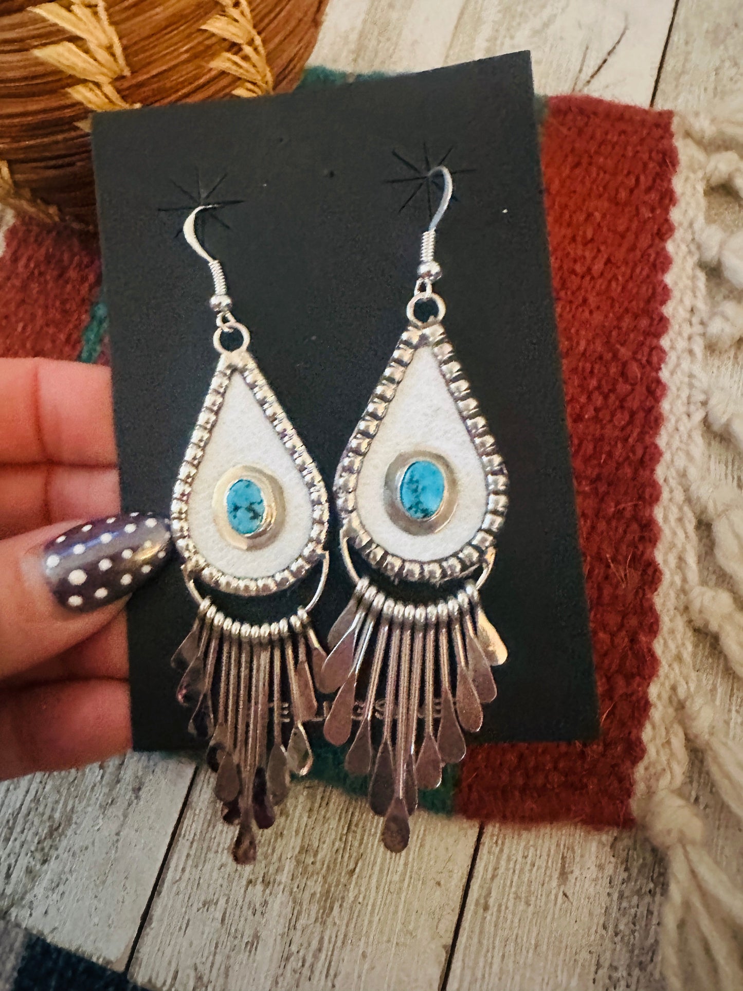 Handcrafted Turquoise & Sterling Silver Leather Chandelier Dangle Earrings