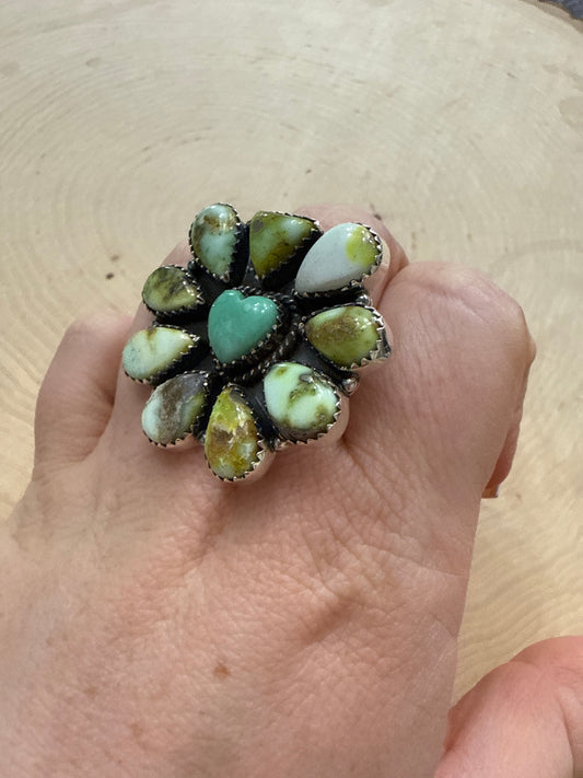 Beautiful Handmade Palomino Turquoise, Paloma Turquoise And Sterling Silver Adjustable Heart Ring