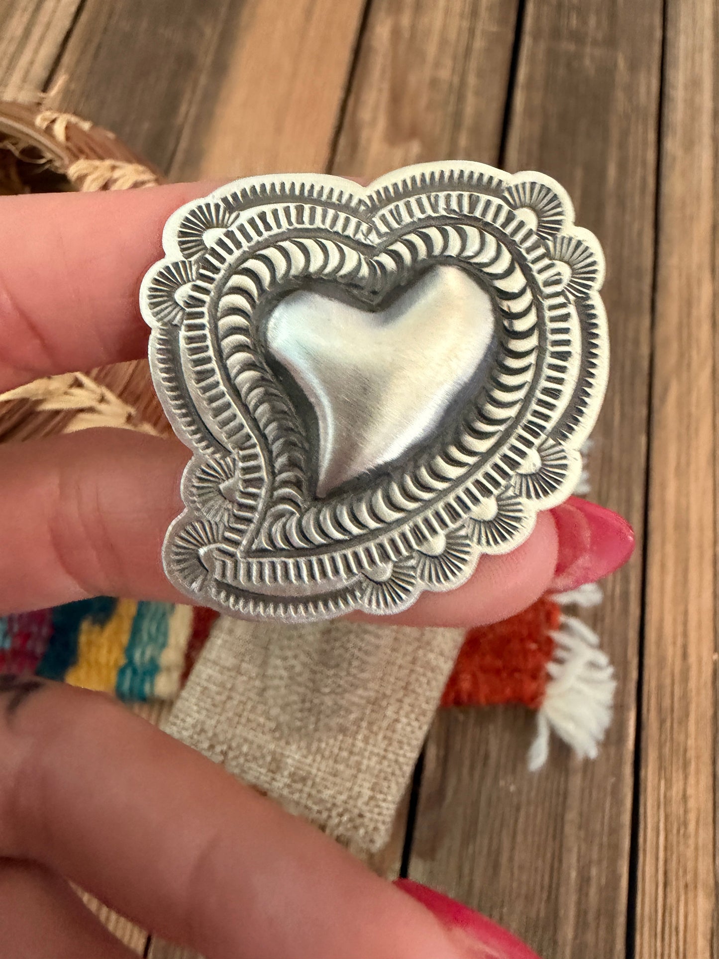 Handcrafted Sterling Silver Adjustable Heart Concho Ring by Leander Tahe