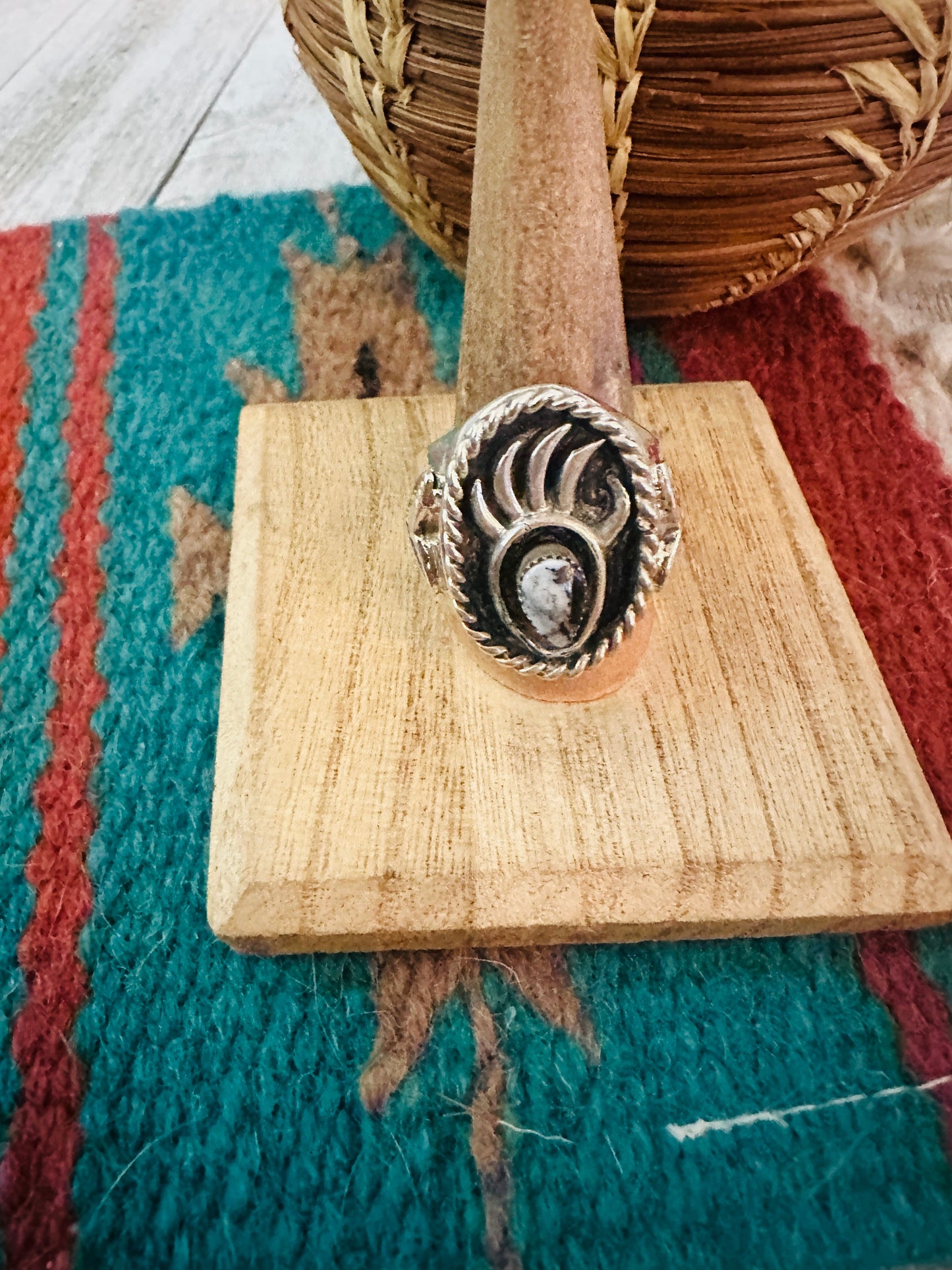 Handcrafted White Buffalo & Sterling Silver Bear Paw Cigar Band Ring Size 11