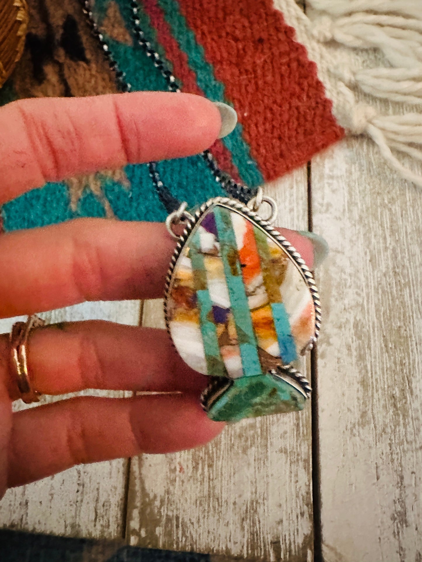 Handcrafted Sterling Silver & Multi Stone Inlay Spade Necklace
