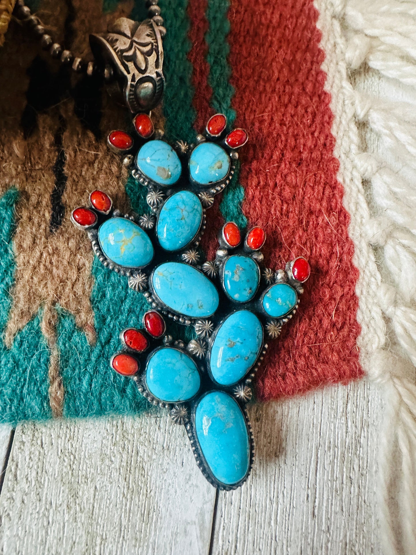 Handcrafted Sterling Silver, Turquoise & Coral Cactus Pendant by Shawn Cayatineto