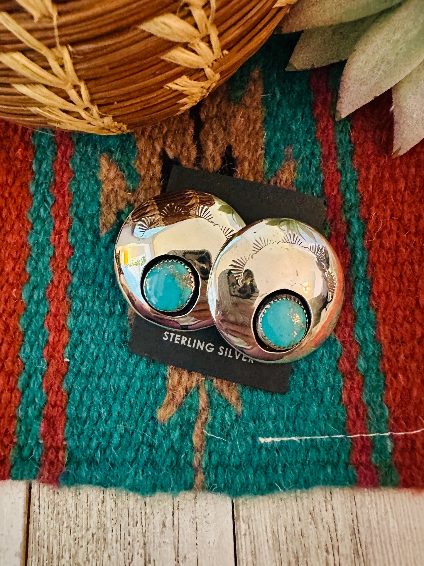 Navajo Hand Stamped Sterling Silver & Turquoise Post Earrings