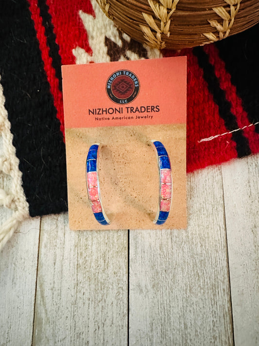 Handcrafted Sterling Silver & Multicolor Opal Inlay Hoop Earrings