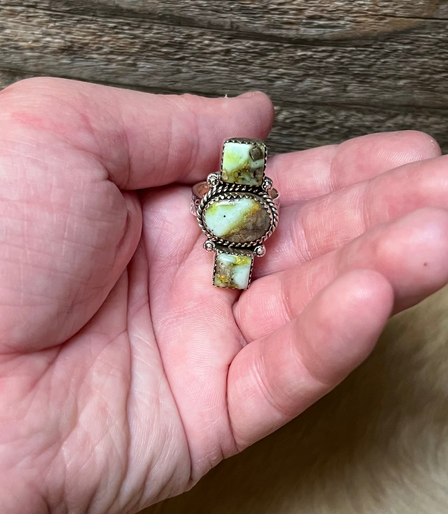 Handmade 3 Stone Palomino Turquoise & Sterling Silver Adjustable Ring