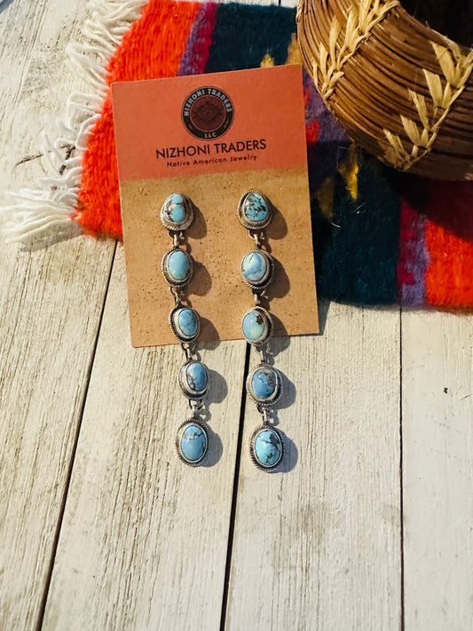 Handcrafted Golden Hills Turquoise & Sterling Silver Cluster Dangle Earrings Signed