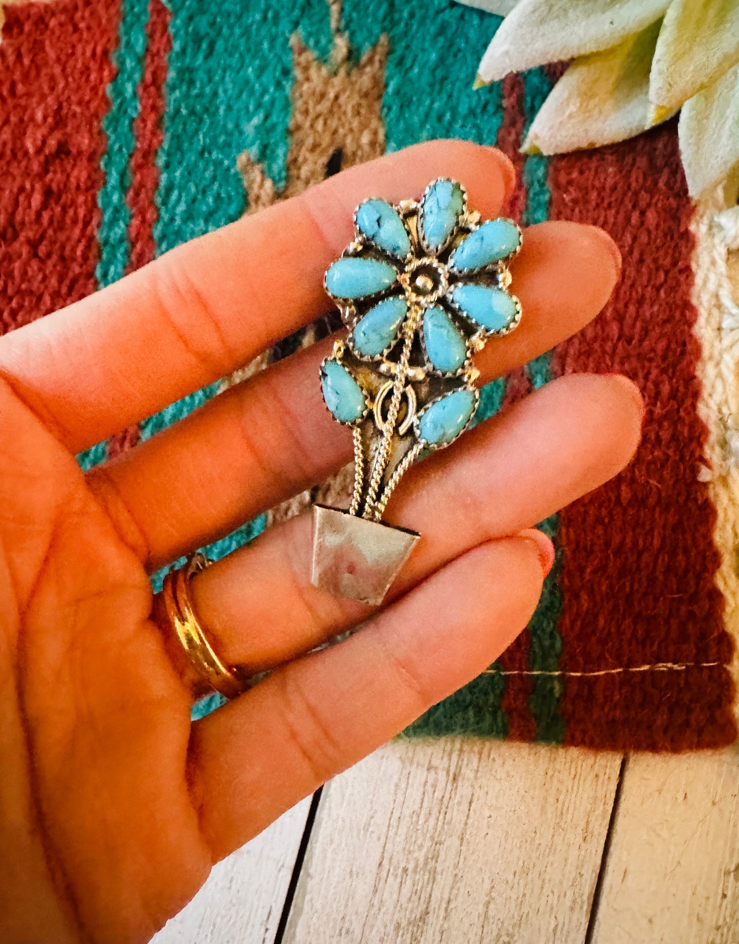 Handcrafted Turquoise & Sterling Silver Flower Brooch