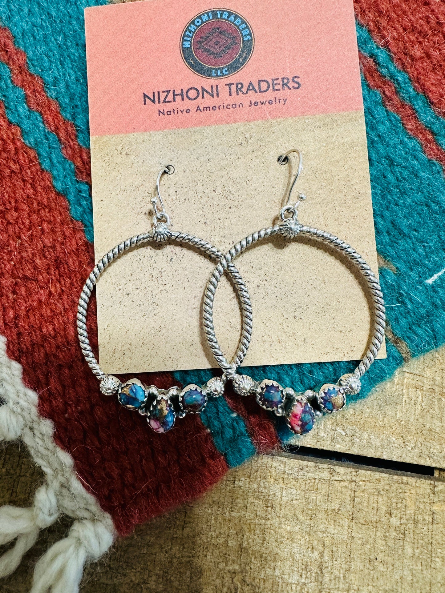Handmade Pink Dream Mojave & Sterling Silver Dangle Hoop Earrings Signed Nizhoni