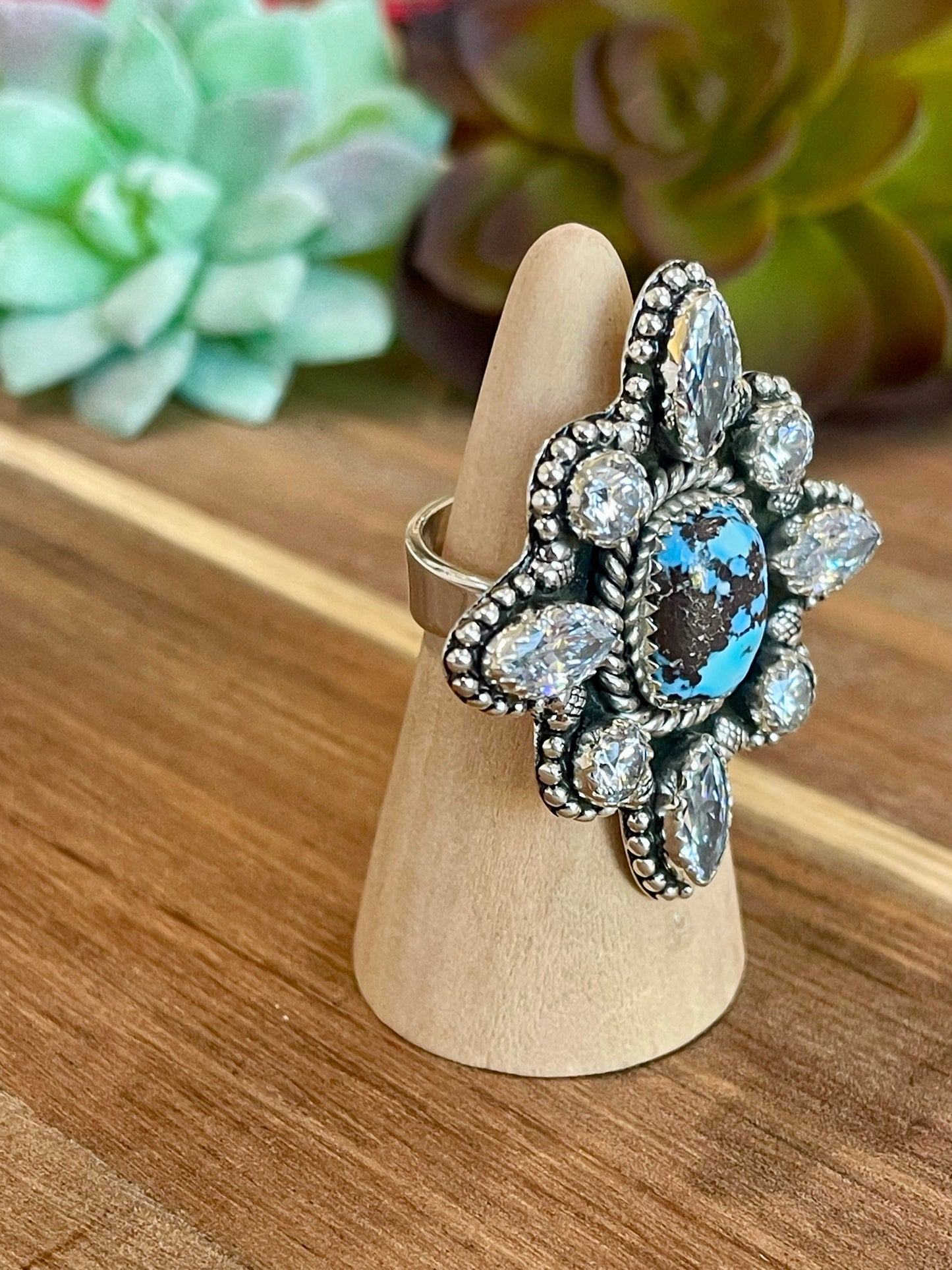 Beautiful Handmade Golden Hills Turquoise, Cubic Zirconia And Sterling Silver Adjustable Cluster Ring