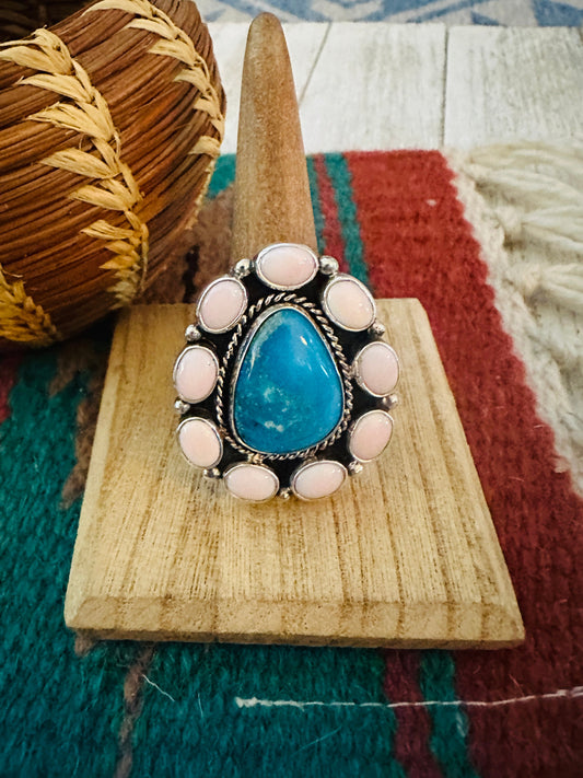 Handcrafted Sterling Silver, Queen Pink Conch & Turquoise Cluster Adjustable Ring