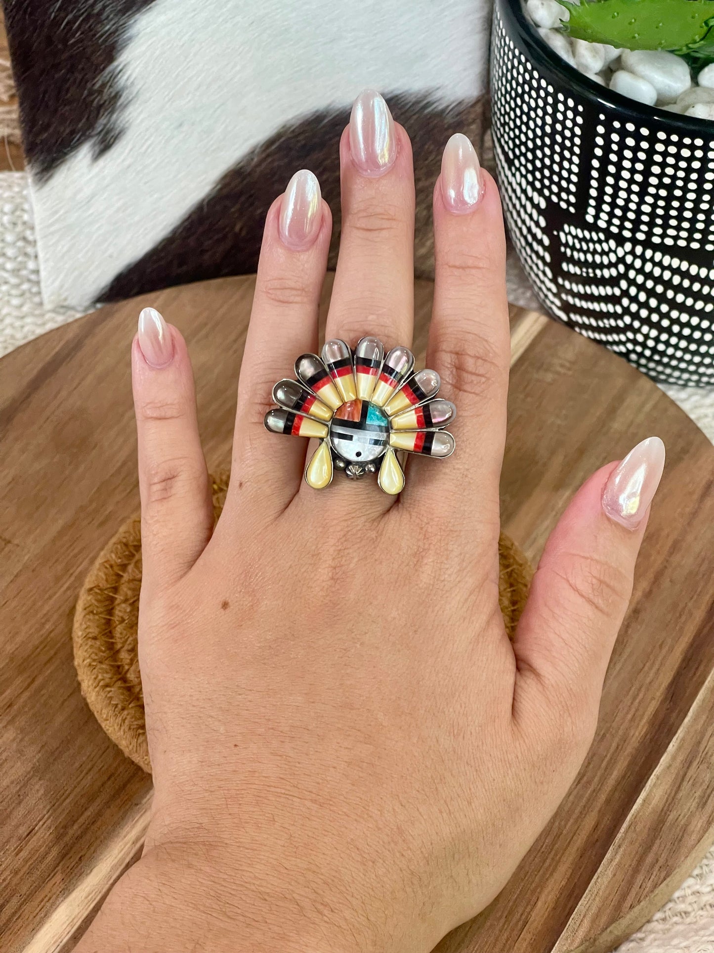 Handmade Sterling Silver & Multi Stone Sunface Adjustable Ring