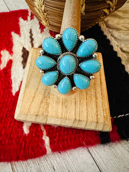 Handcrafted Sterling Silver & Kingman Turquoise Cluster Ring Size 8