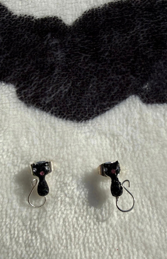 Black Cat CZ Sterling Silver Stud Earrings