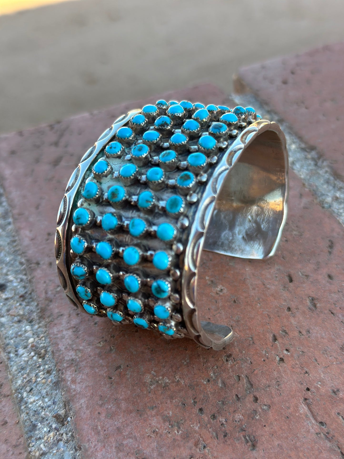 Estate Collection Old Pawn Handcrafted Sterling Silver & Turquoise Snake Eye Cuff Bracelet /