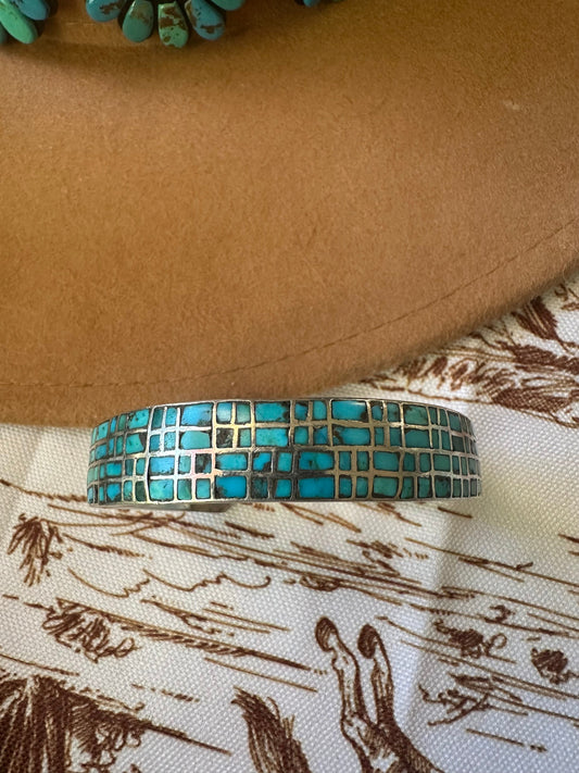 Handcrafted Natural Number 8 Turquoise & Sterling Silver Inlay Cuff Bracelet