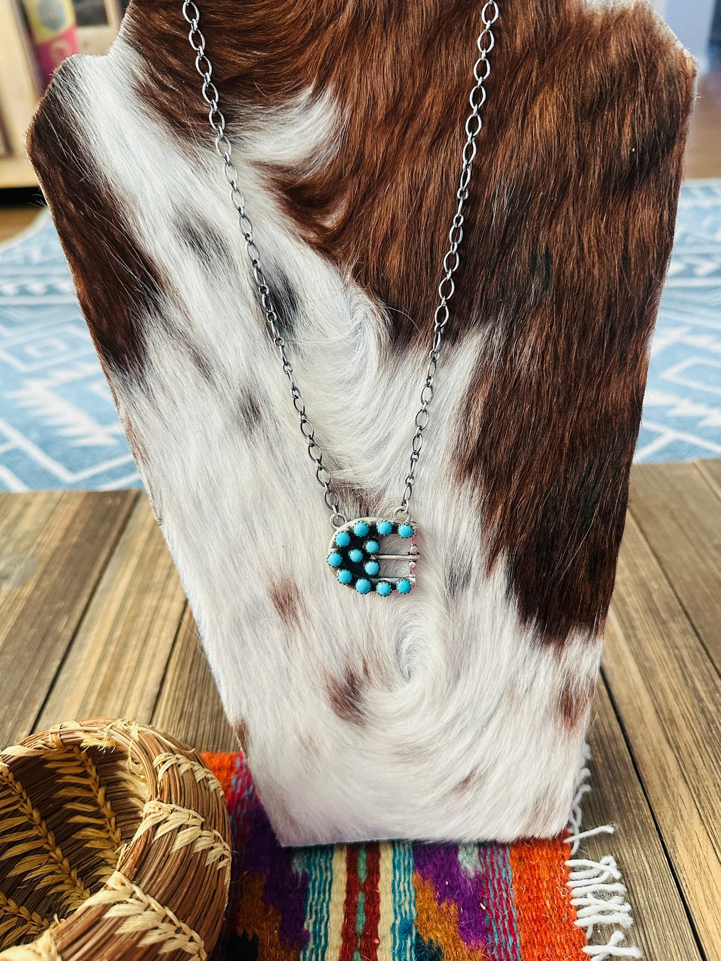 Handcrafted Turquoise & Sterling Silver Belt Buckle Necklace by Russell Sam