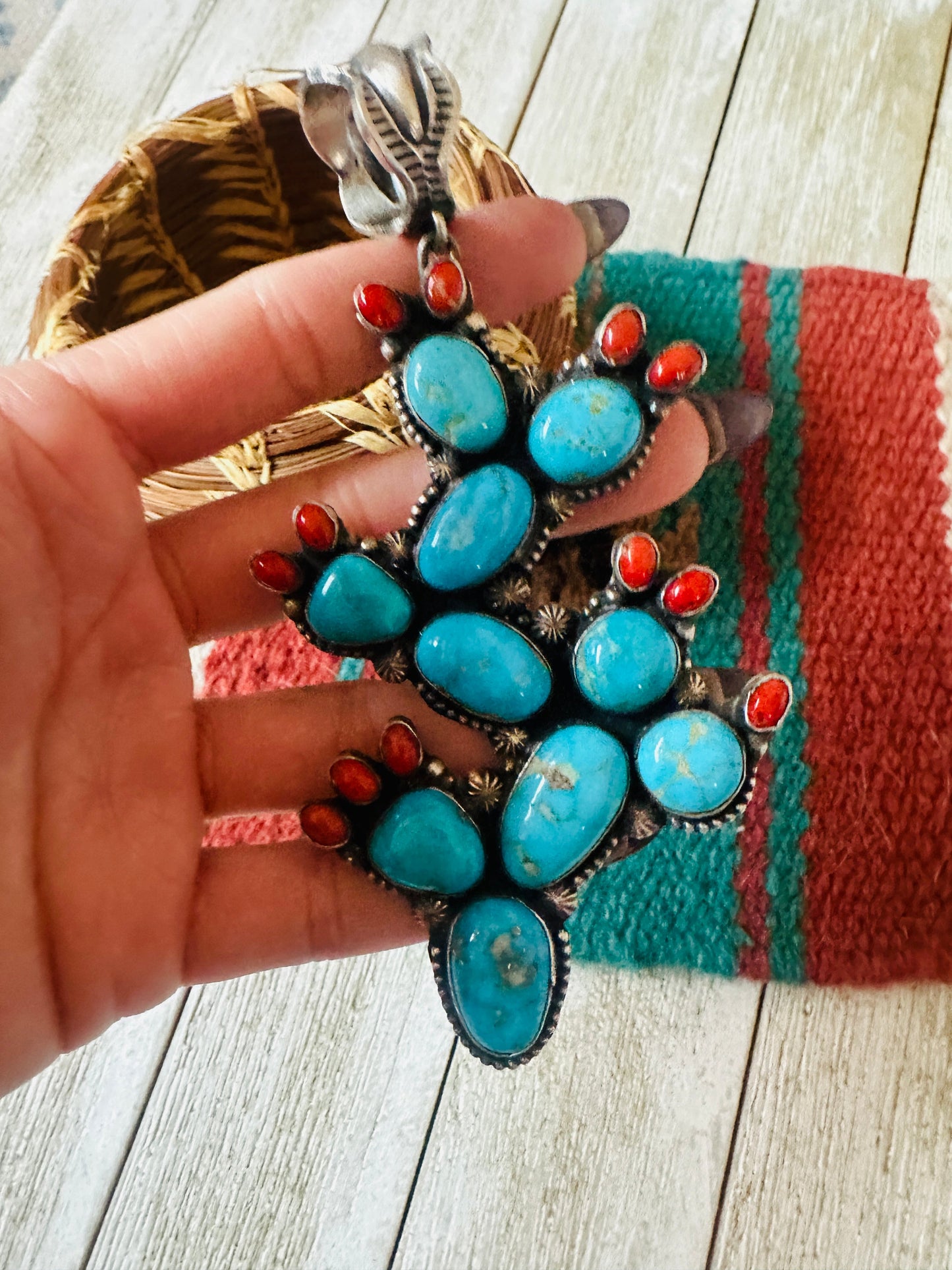 Handcrafted Sterling Silver, Turquoise & Coral Cactus Pendant by Shawn Cayatineto