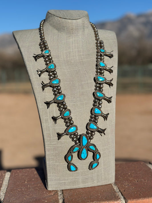 Estate Collection Old Pawn Turquoise & Sterling Silver Squash Blossom Necklace