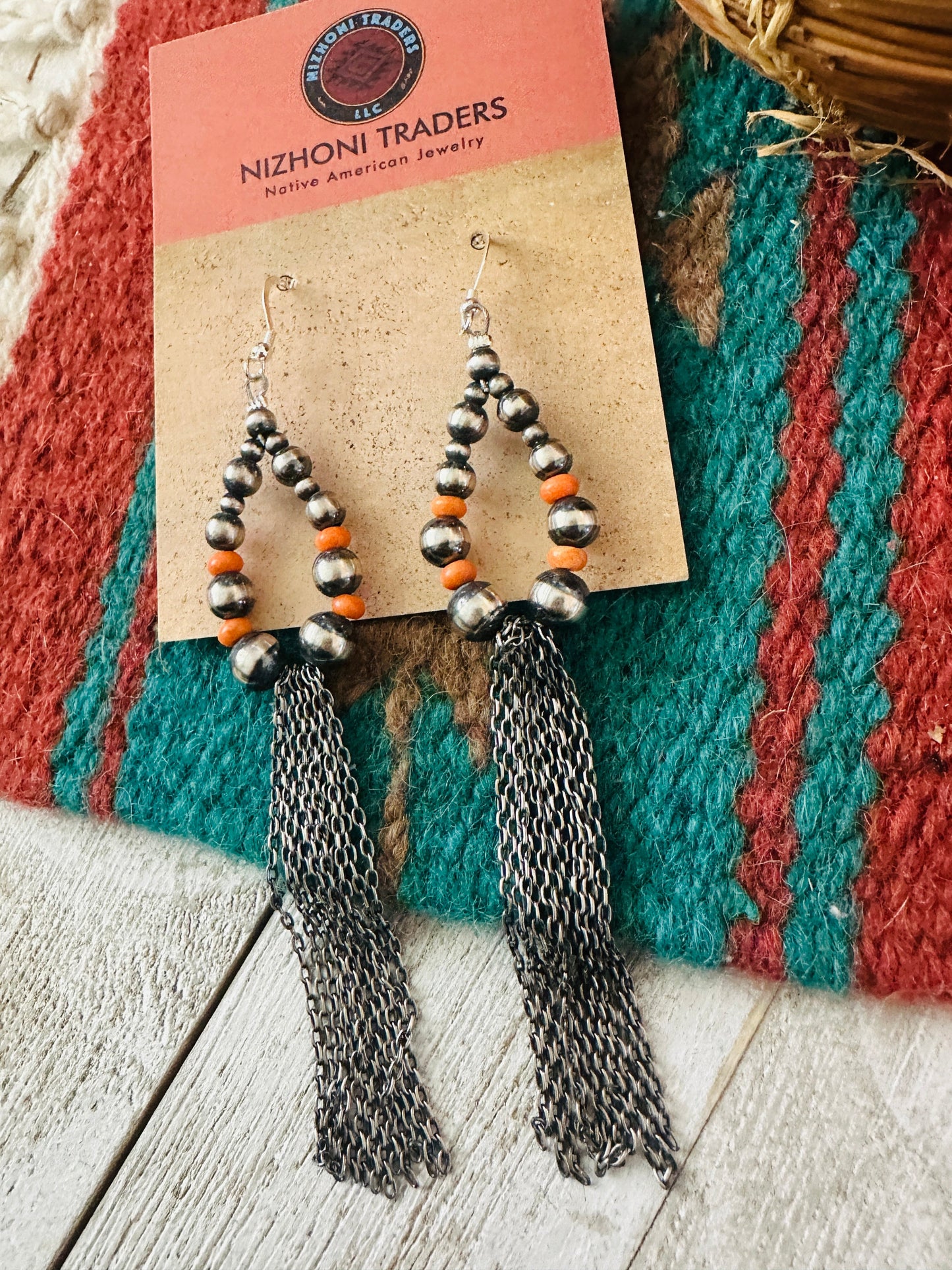 Handcrafted Orange Spiny & Sterling Silver Pearl Beaded Hoop Earrings