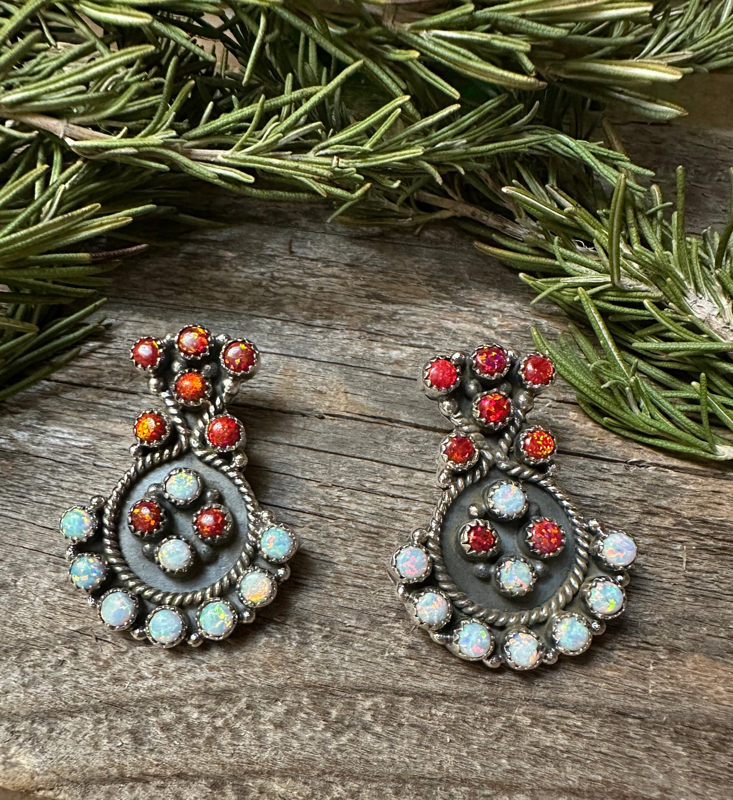 Handmade Red & White Fire Opal Sterling Silver Post Earrings