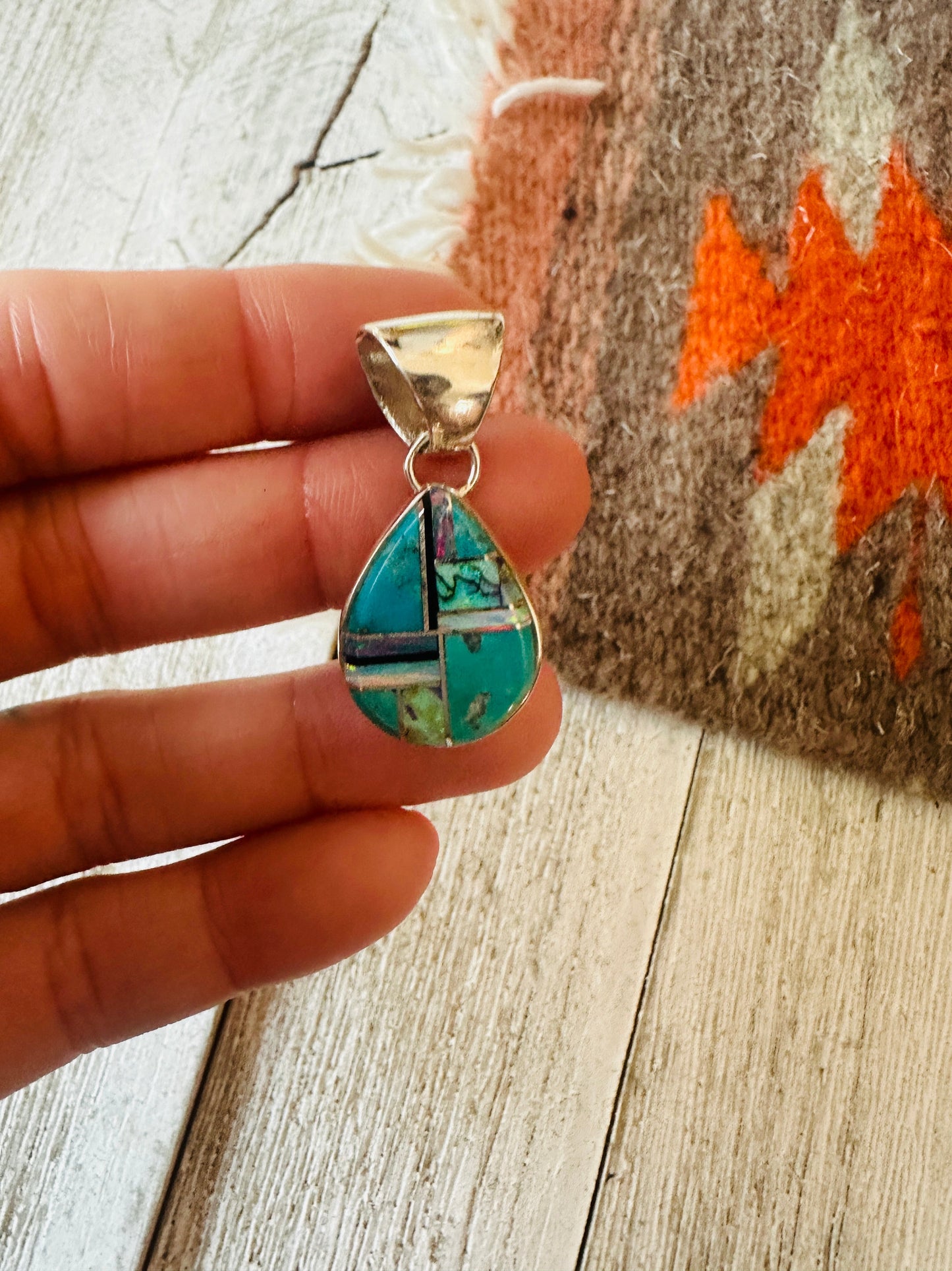 Handcrafted Multi Stone & Sterling Silver Inlay Teardrop Pendant