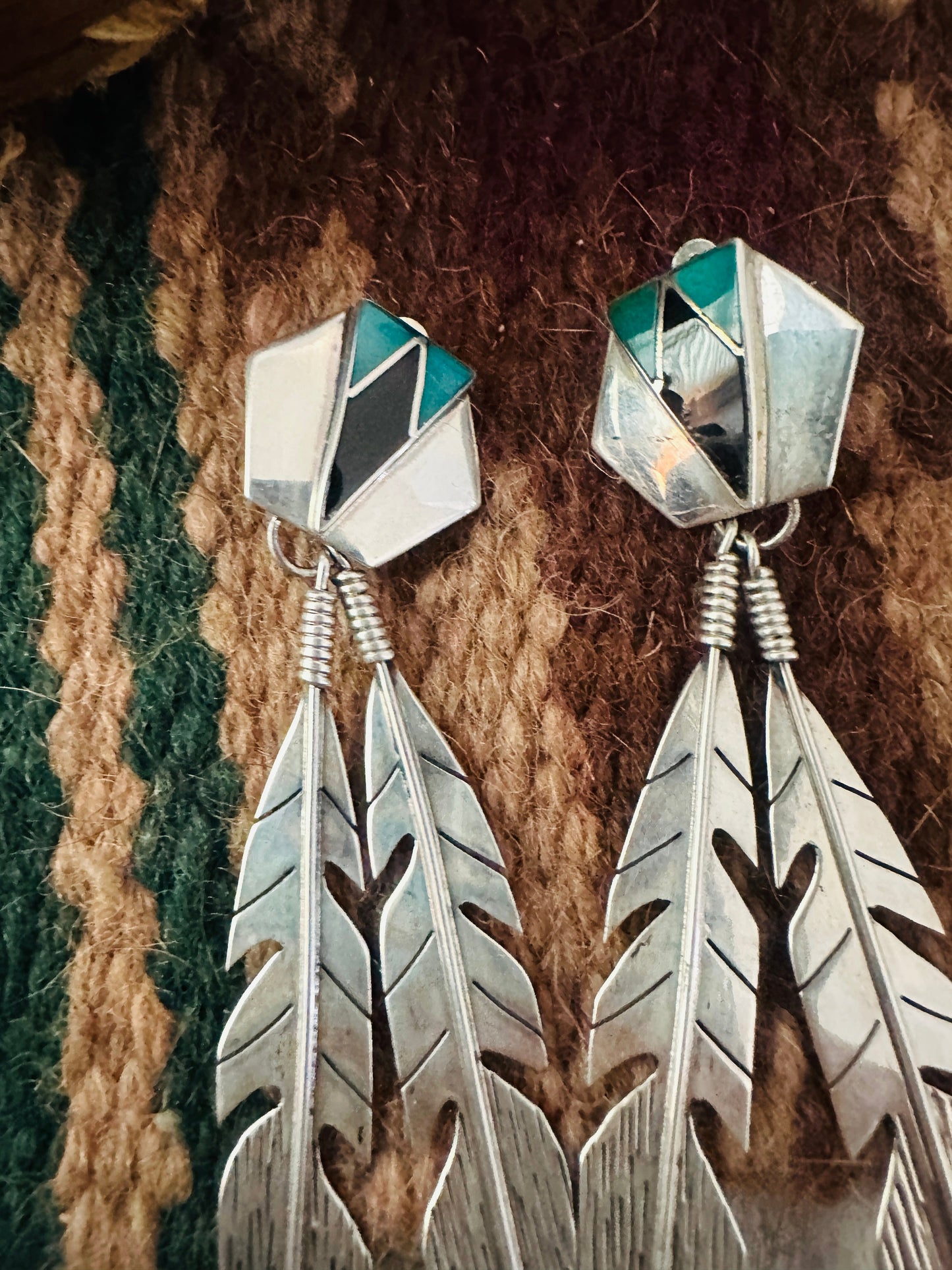 Handcrafted Old Pawn Sterling Silver, Turquoise & Onyx Feather Clip On Dangle Earrings