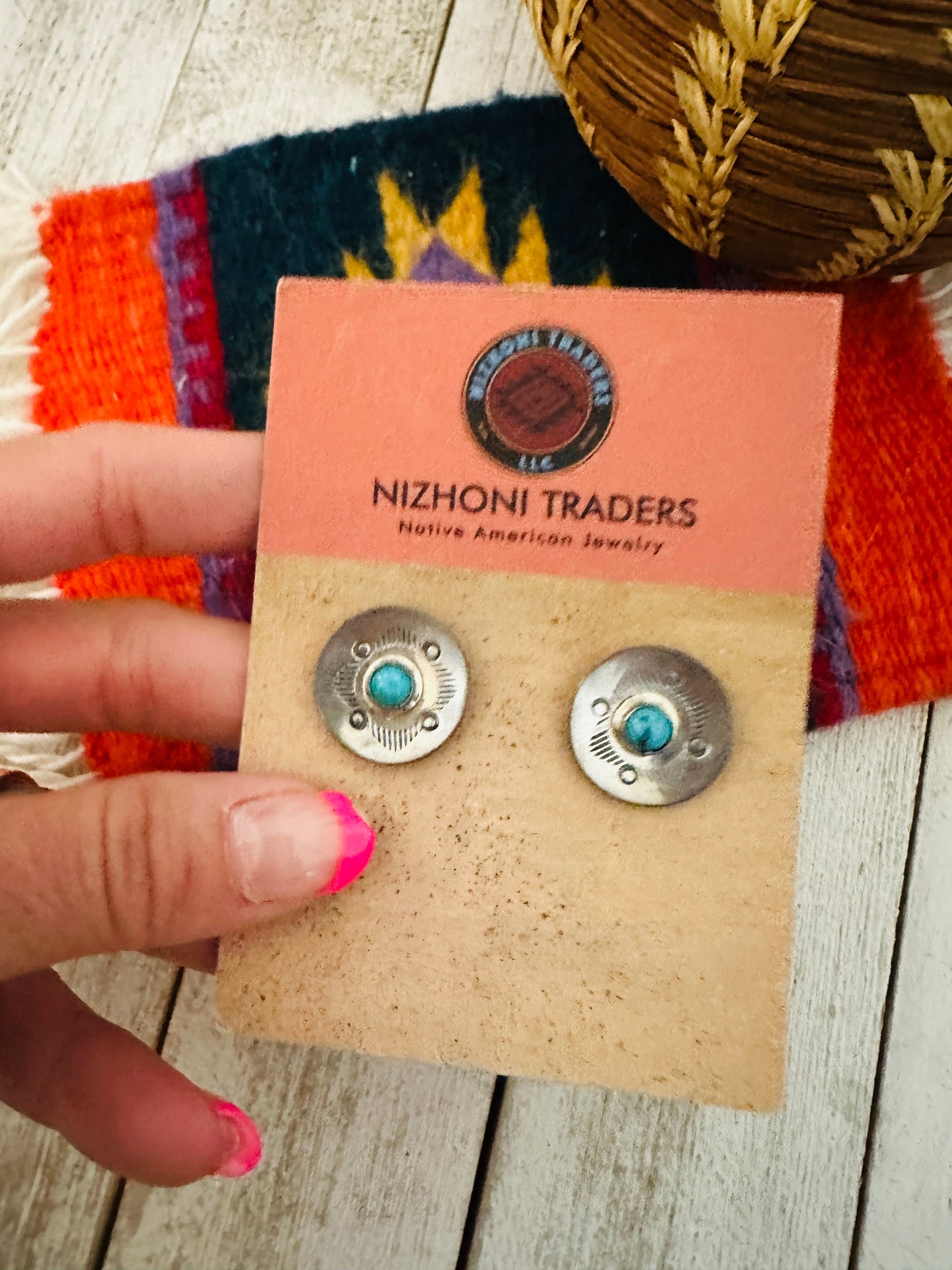 Handcrafted Hand Stamped Sterling Silver & Turquoise Concho Stud Earrings