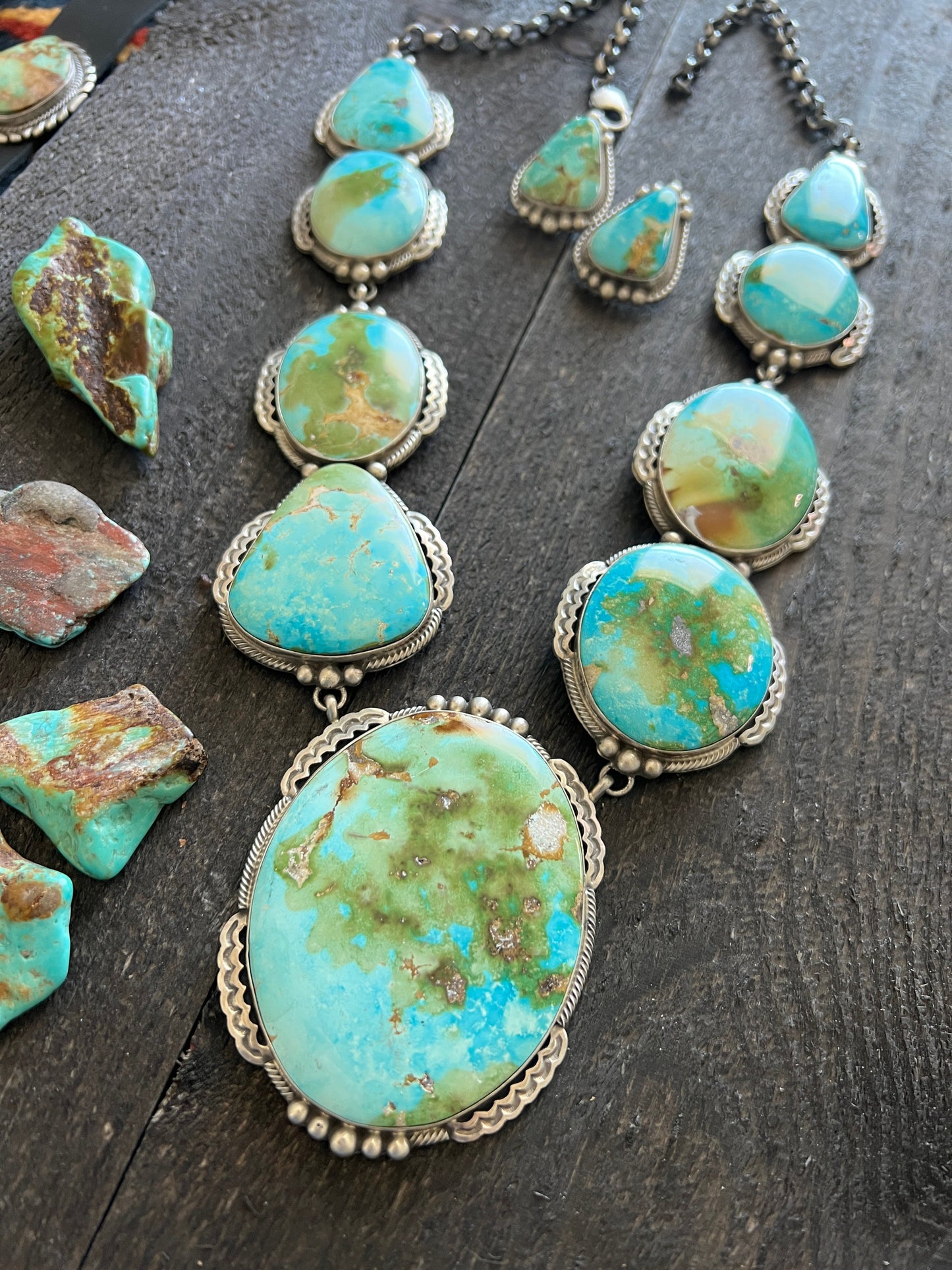 Massive Handcrafted Sterling Silver and Sonoran Mountain Turquoise Statement Necklace with Earrings by Talila Benally