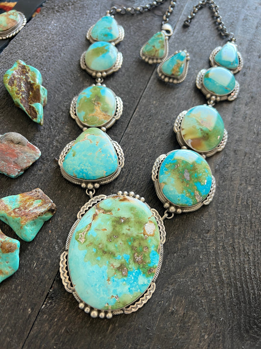 Massive Handcrafted Sterling Silver and Sonoran Mountain Turquoise Statement Necklace with Earrings by Talila Benally