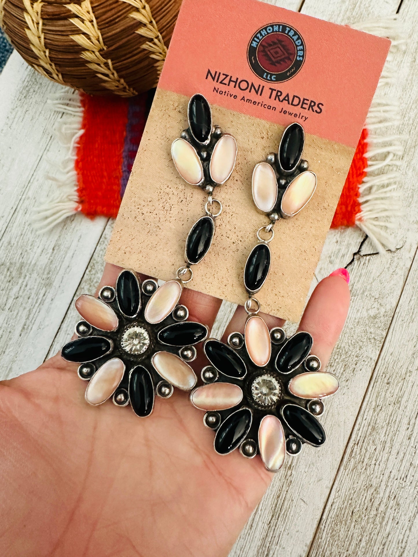 Handcrafted Mother of Pearl, Onyx & Sterling Silver Flower Dangle Earrings