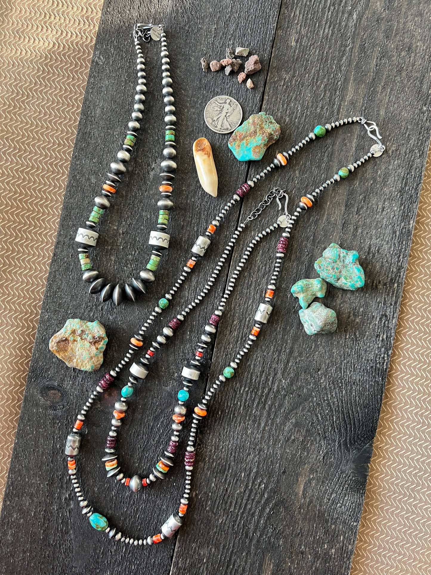 Handcrafted Electric Rainbow Sterling Silver, Turquoise and Spiny Oyster Single Strand Beaded Necklace by Rose Martin, 34 inches